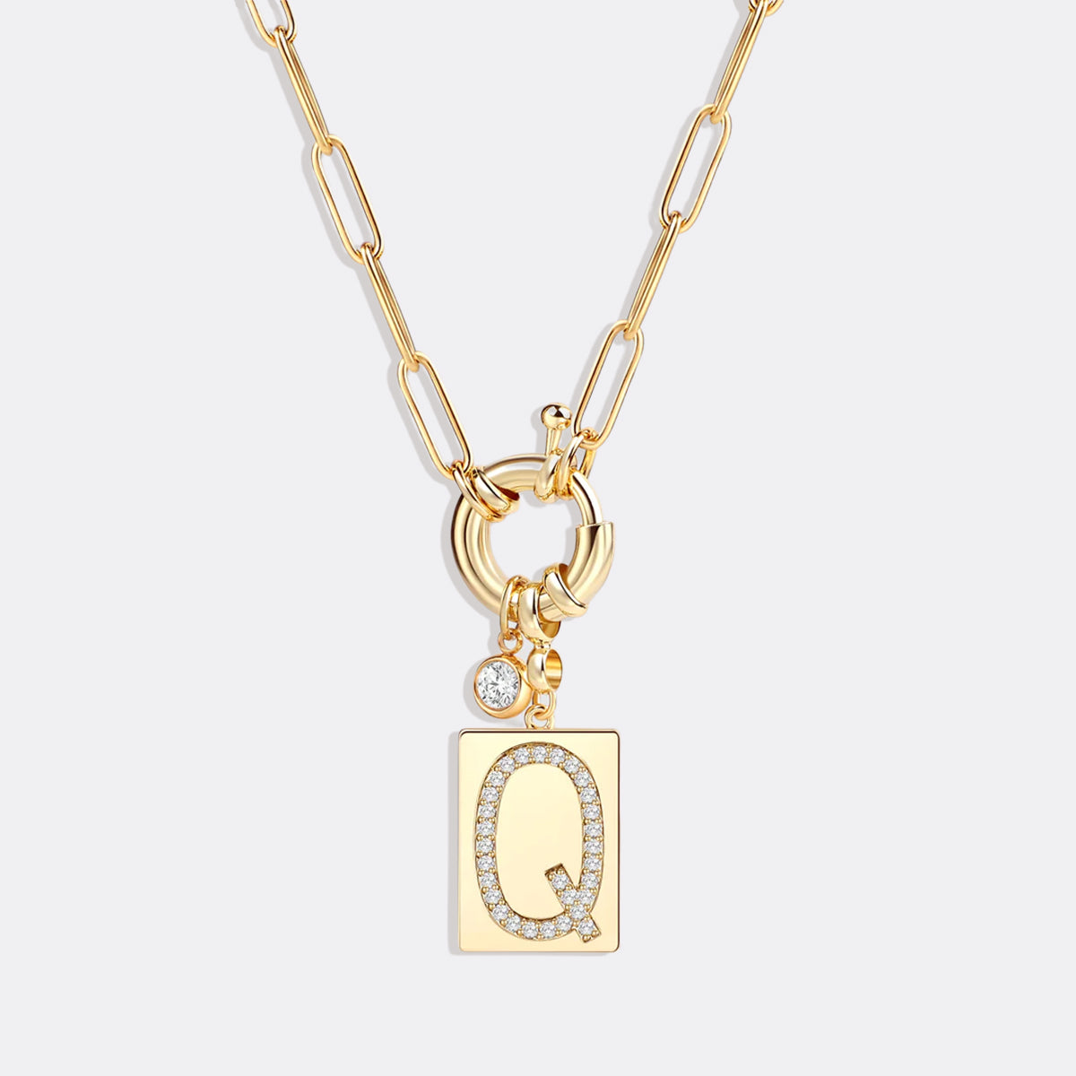 Personalized Paved Initial Pendant Necklace With Paperclip Chain