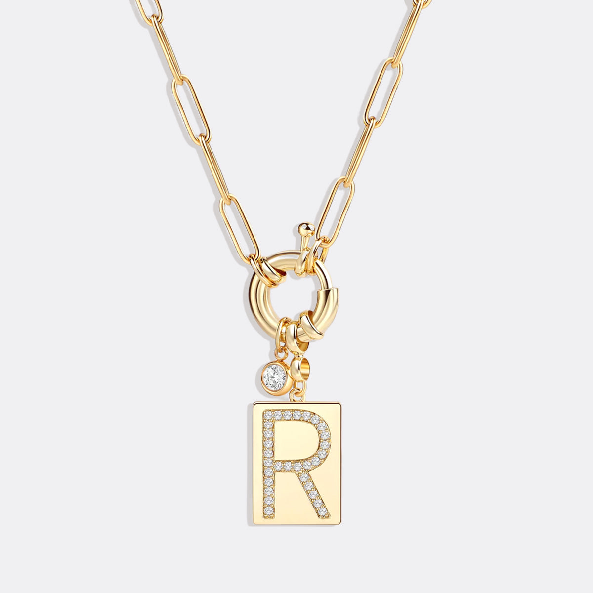 Personalized Paved Initial Pendant Necklace With Paperclip Chain