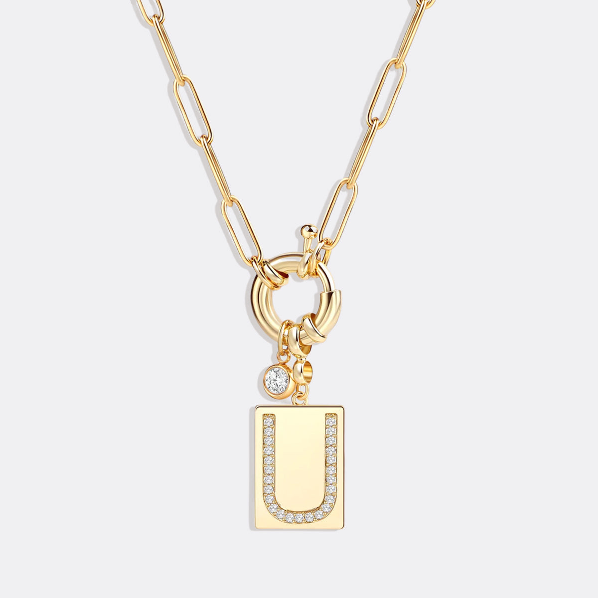 Personalized Paved Initial Pendant Necklace With Paperclip Chain