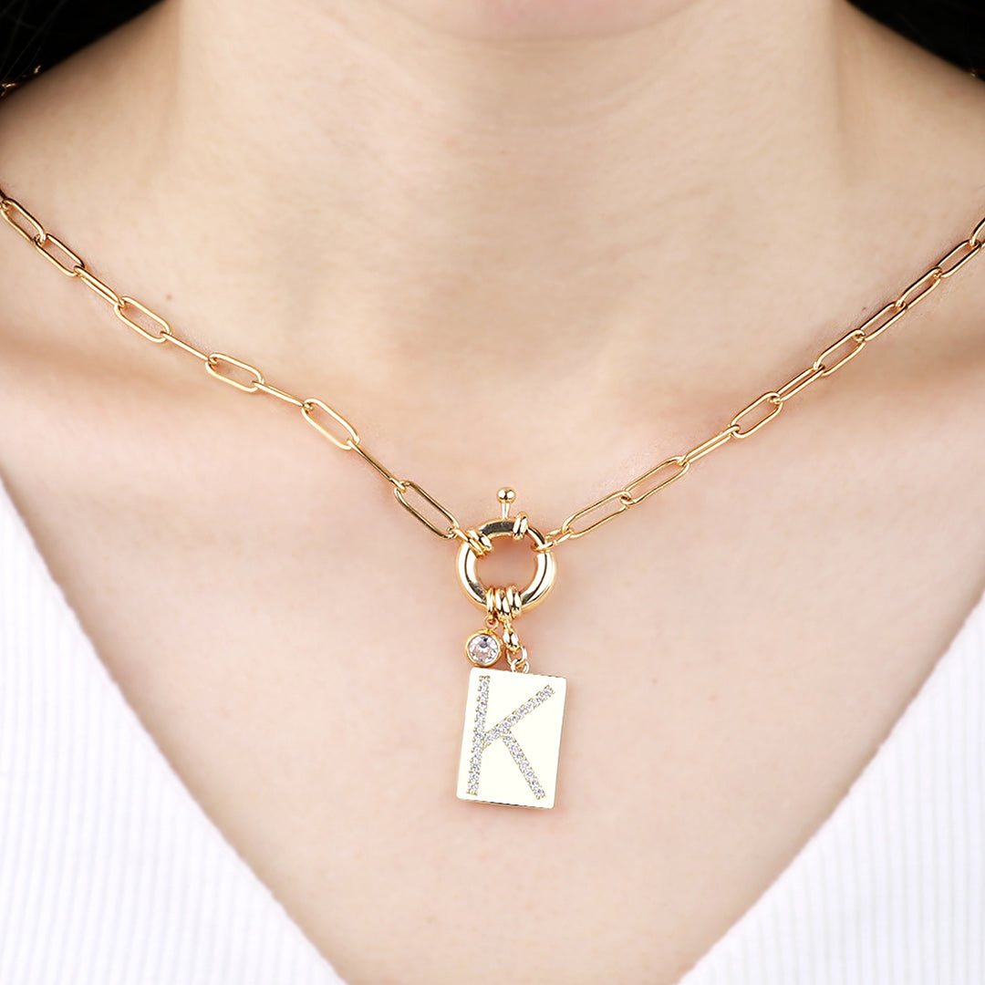 Personalized Paved Initial Pendant Necklace With Paperclip Chain