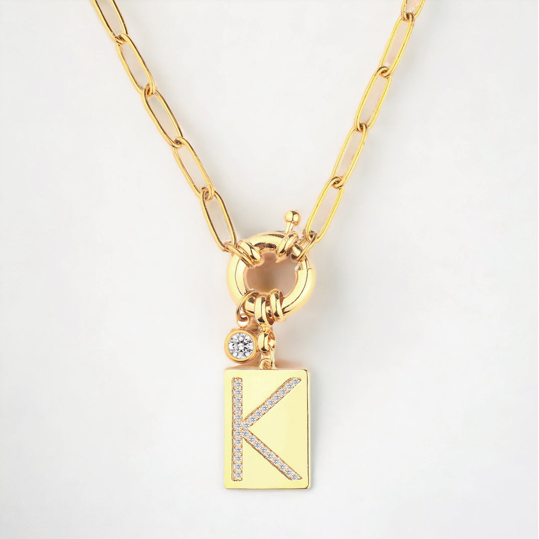 Personalized Paved Initial Pendant Necklace With Paperclip Chain