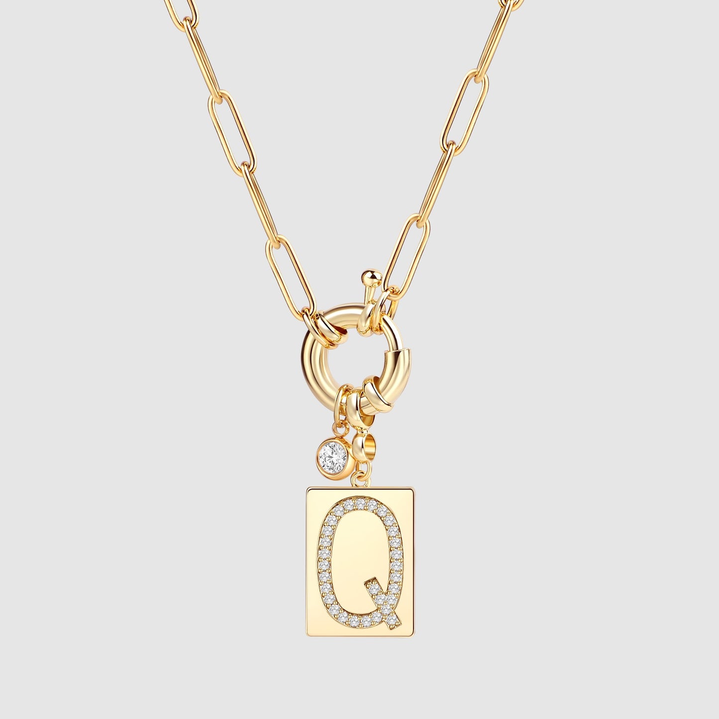 Personalized Paved Initial Pendant Necklace With Paperclip Chain