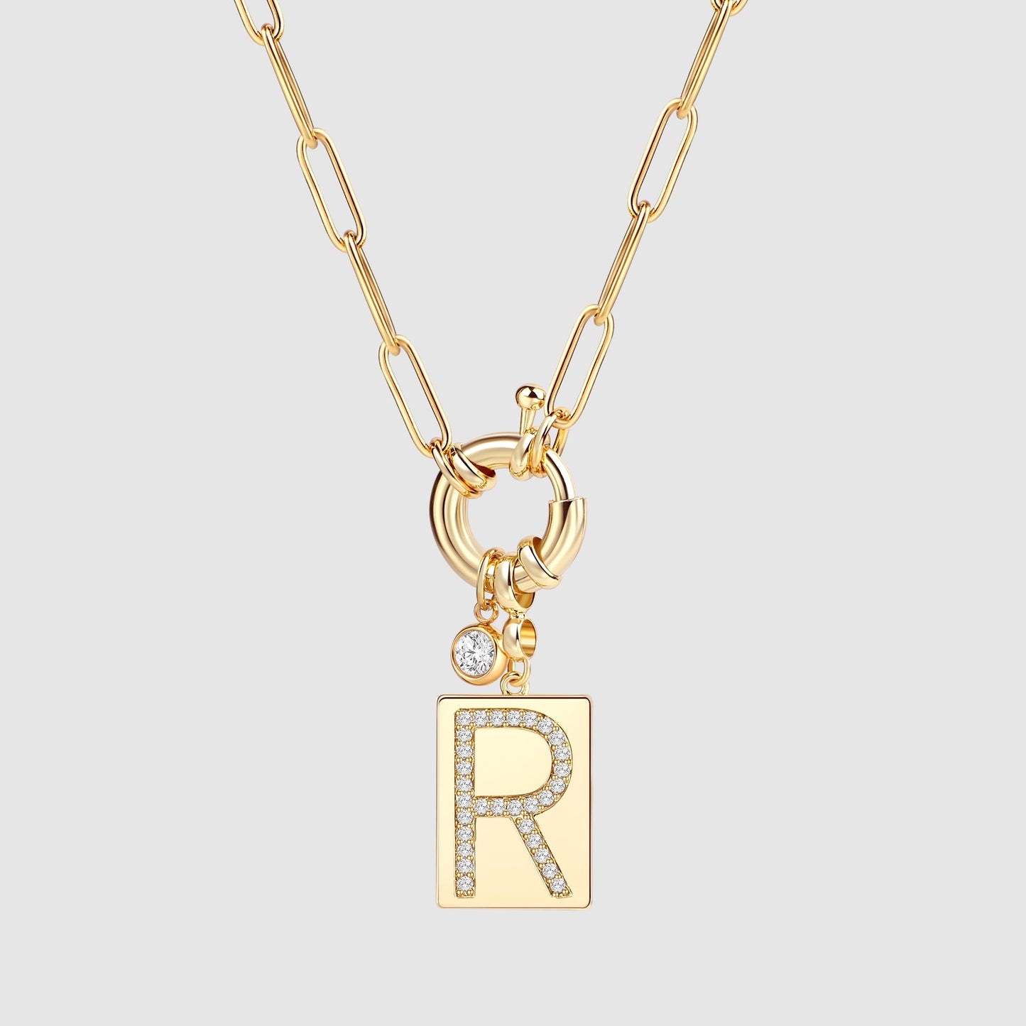 Personalized Paved Initial Pendant Necklace With Paperclip Chain