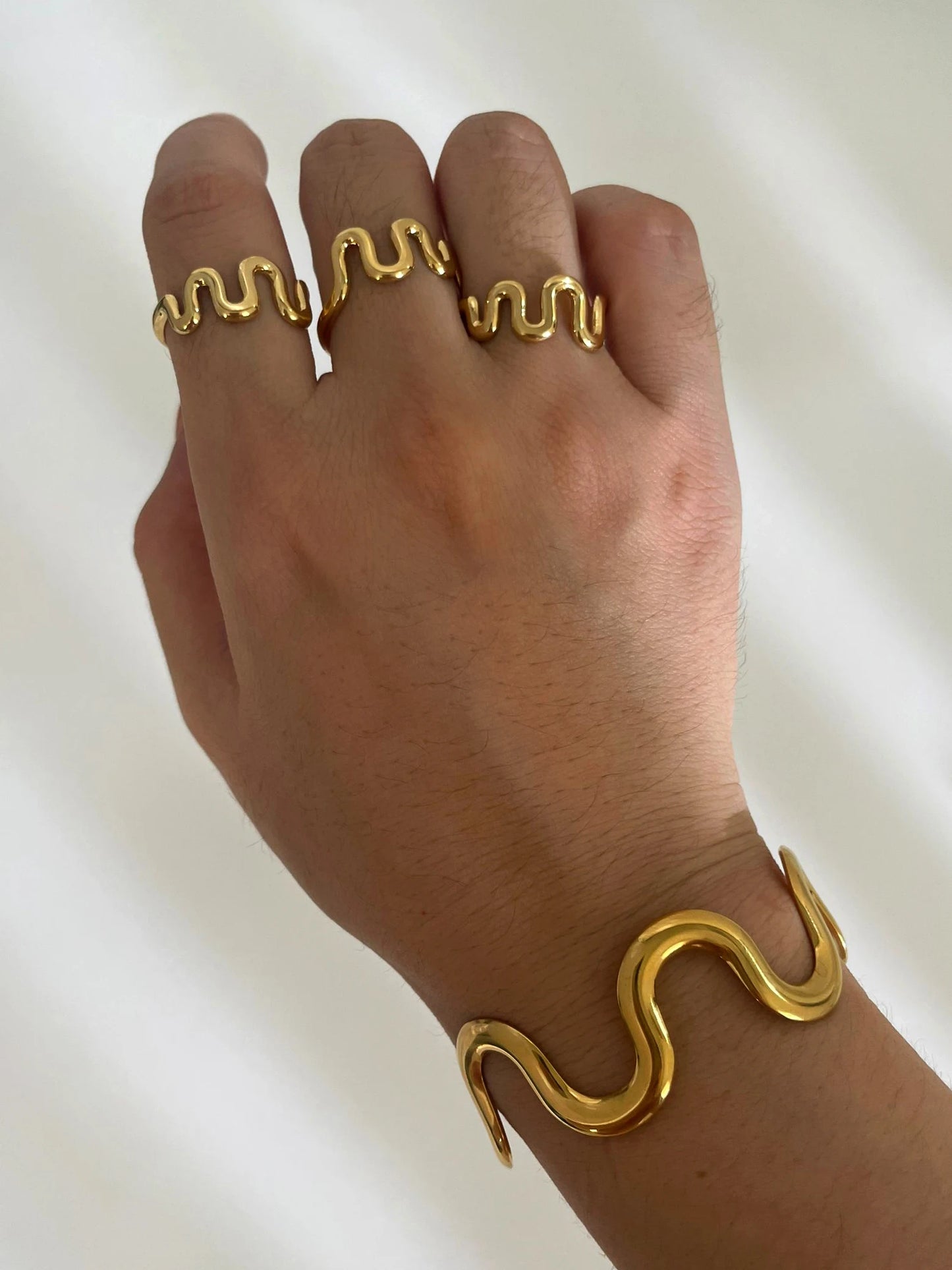 Wave-Inspired Open Bracelet & Ring Set