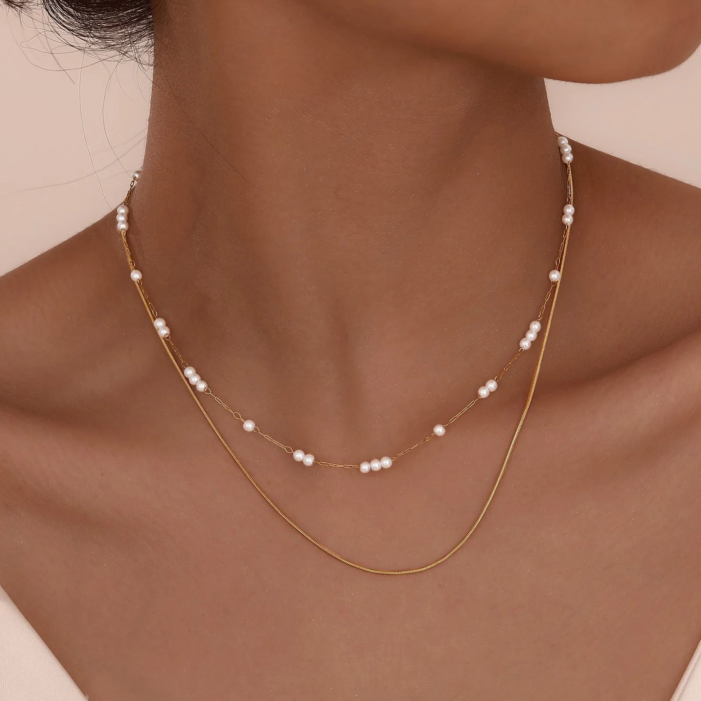 Layered Pearls Chain Necklace