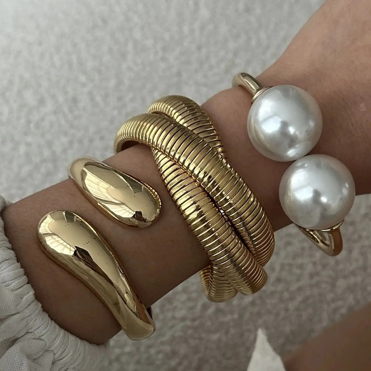 Pearl-Embellished Geometric Cuff Bangle