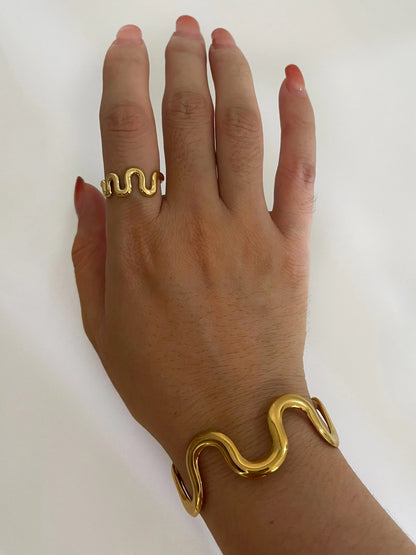 Wave-Inspired Open Bracelet & Ring Set