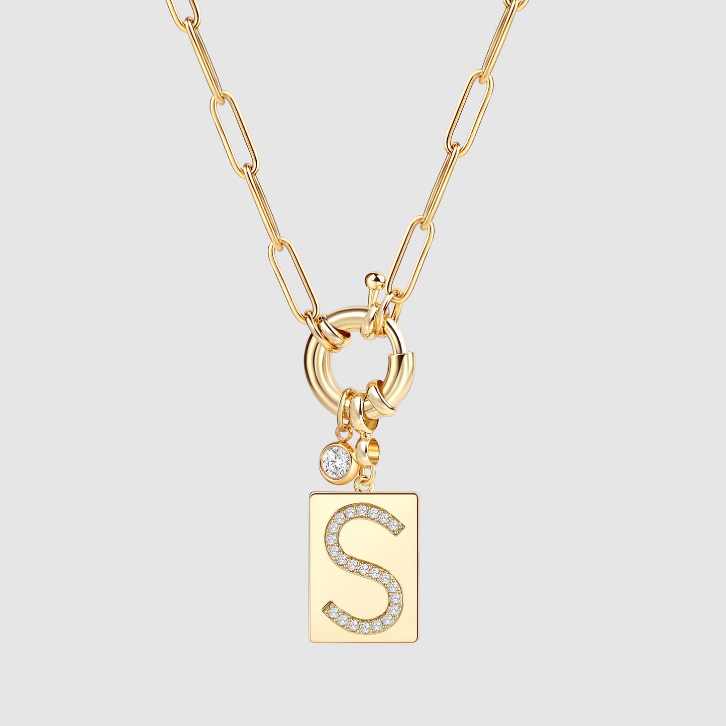Personalized Paved Initial Pendant Necklace With Paperclip Chain