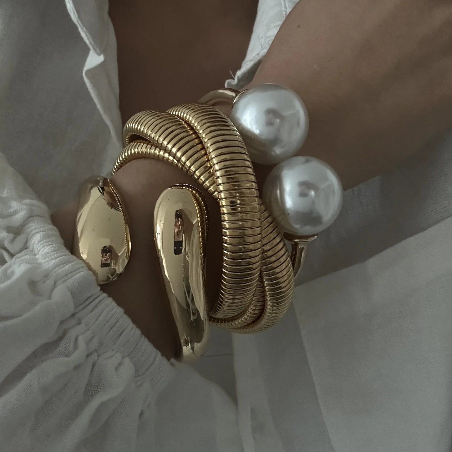 Pearl-Embellished Geometric Cuff Bangle