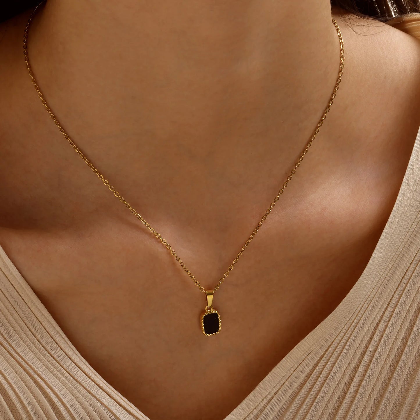 Onyx Black Rectangle Pendant Necklace