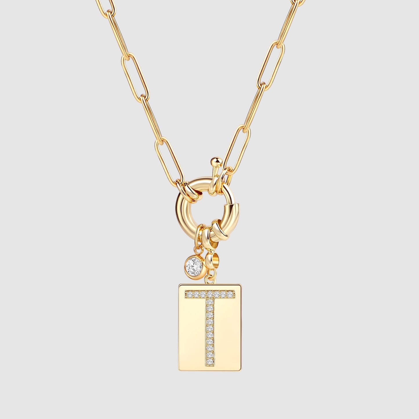 Personalized Paved Initial Pendant Necklace With Paperclip Chain