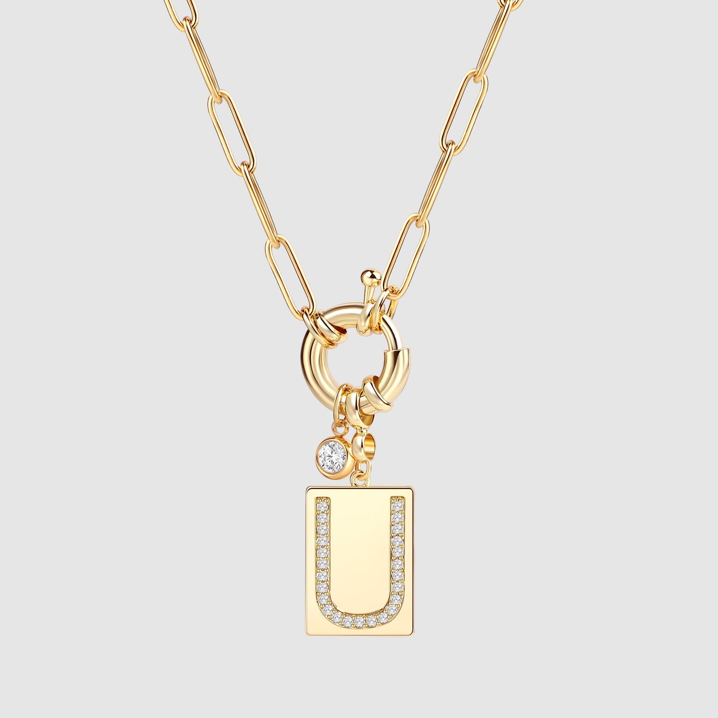 Personalized Paved Initial Pendant Necklace With Paperclip Chain