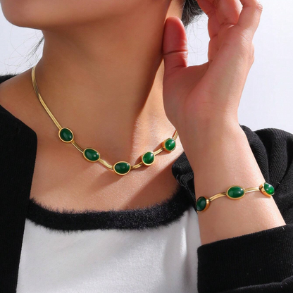 Vintage Jade Stone Set With Inlay: Necklace And Bracelet