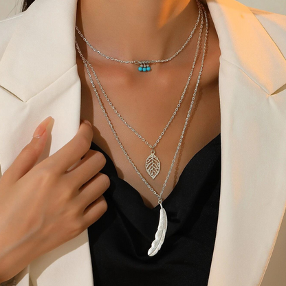 Stylish Leaf & Feather Pendant 3-Layer Necklace