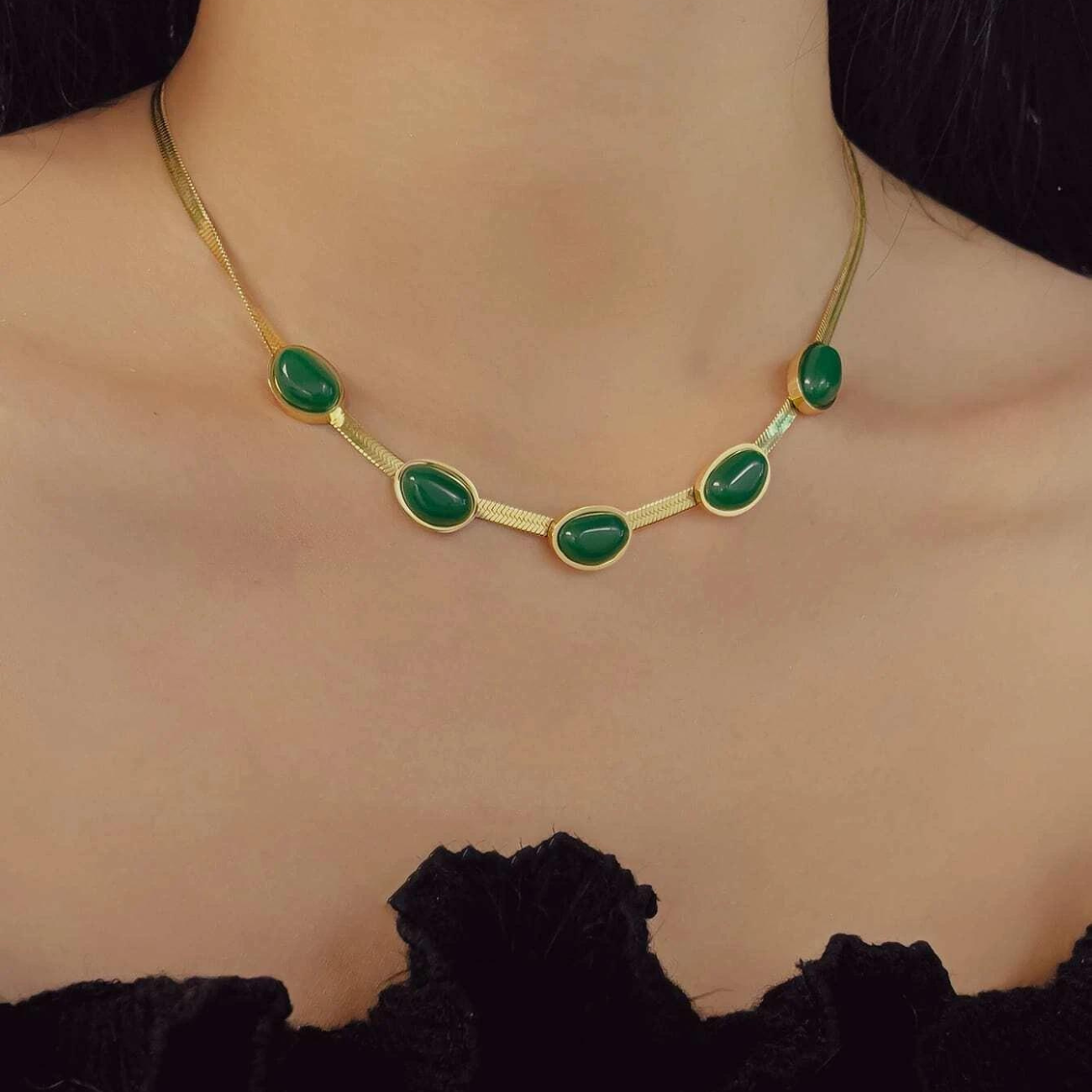Vintage Jade Stone Set With Inlay: Necklace And Bracelet