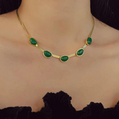 Vintage Jade Stone Set With Inlay: Necklace And Bracelet