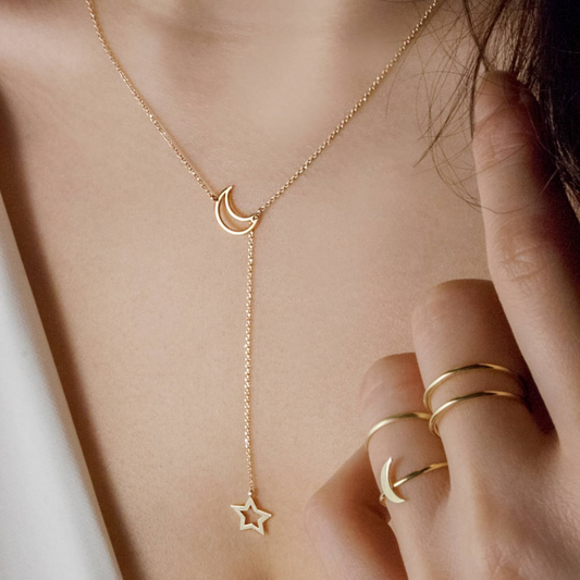 Elegant Celestial Moon And Star Delicate Lariat Necklace