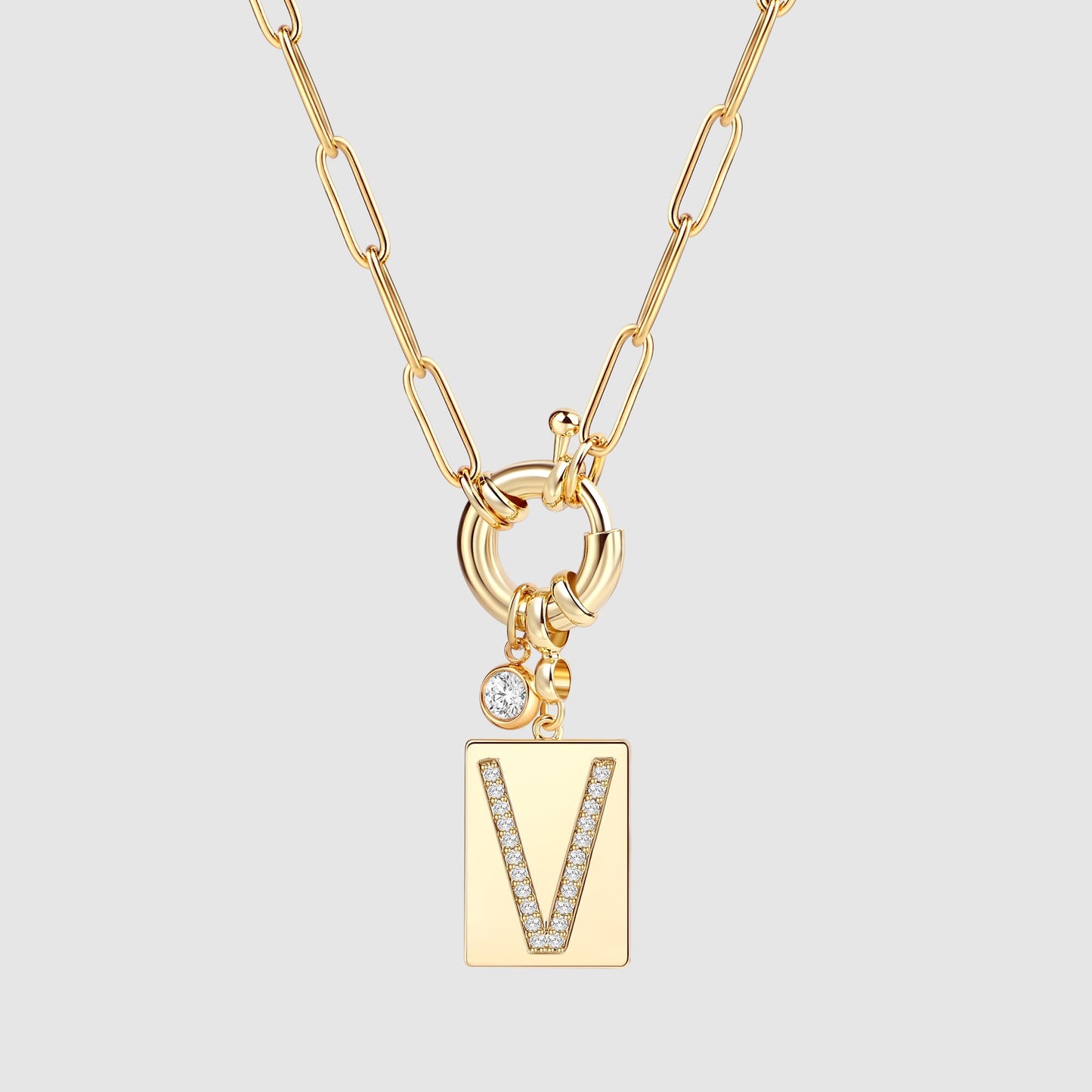 Personalized Paved Initial Pendant Necklace With Paperclip Chain