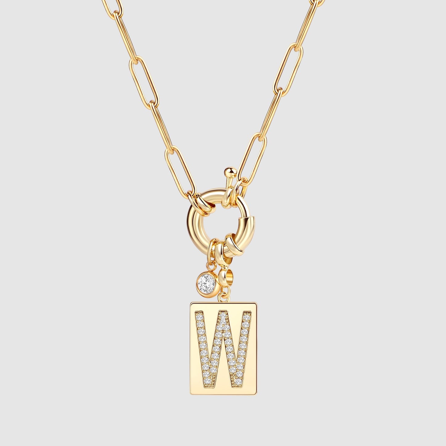 Personalized Paved Initial Pendant Necklace With Paperclip Chain