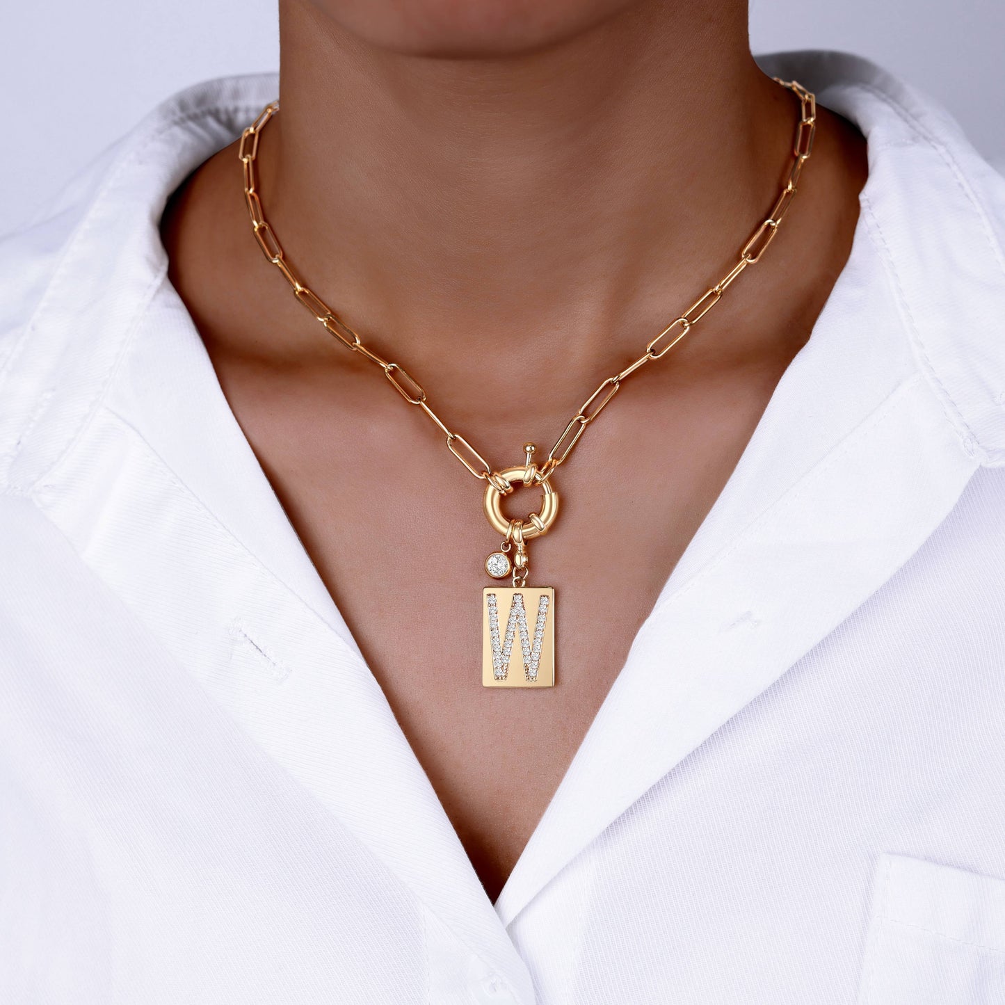 Personalized Paved Initial Pendant Necklace With Paperclip Chain