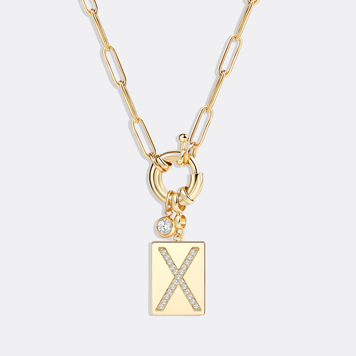 Personalized Paved Initial Pendant Necklace With Paperclip Chain