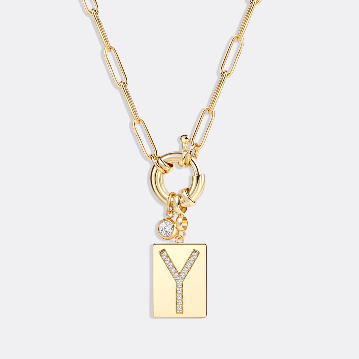 Personalized Paved Initial Pendant Necklace With Paperclip Chain