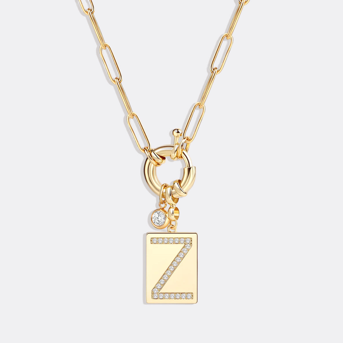 Personalized Paved Initial Pendant Necklace With Paperclip Chain