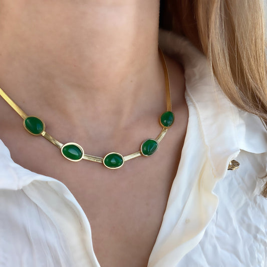 Vintage Jade Stone Set With Inlay: Necklace And Bracelet