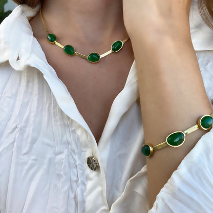 Vintage Jade Stone Set With Inlay: Necklace And Bracelet