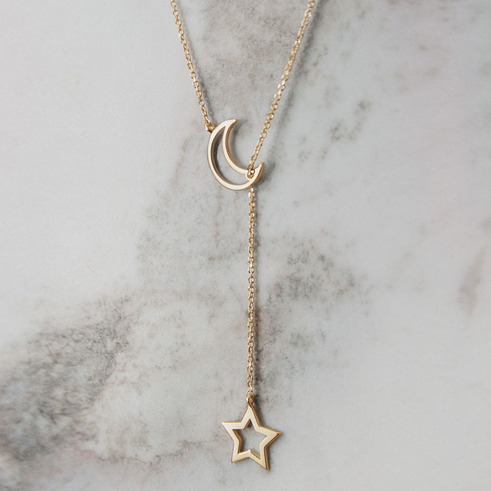 Elegant Celestial Moon And Star Delicate Lariat Necklace